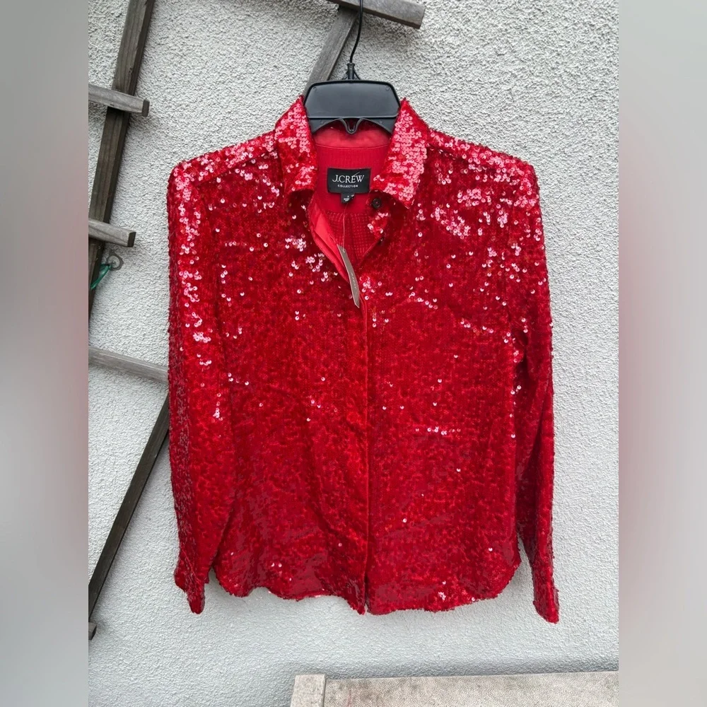 NWT J.Crew Collection Classic-fit Sequin Shirt in Dark Red Button-up Blouse - Picture 5 of 8